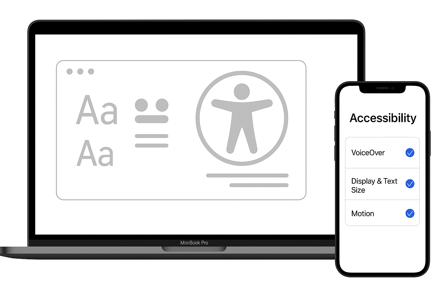 accessibilità sul web Illustrazione digitale che mostra un computer e un iPhone affiancati, entrambi con schermate dedicate all’accessibilità. Il computer visualizza simboli di accessibilità come testo leggibile e un'icona stilizzata di una persona, mentre l’iPhone mostra opzioni attivate come VoiceOver, dimensione del testo e movimento.