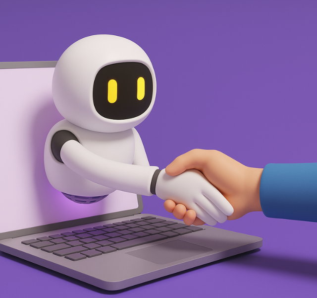 accessibilità & AI L'immagine mostra un robot in stile cartoon che esce da uno schermo di laptop e stringe la mano a una persona.