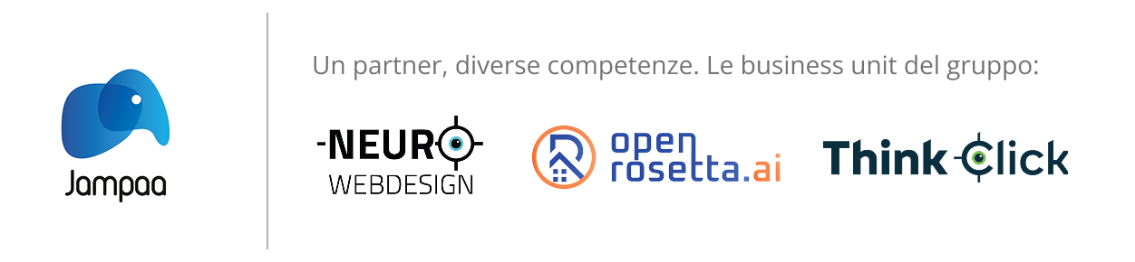 Loghi di Jampaa, NeuroWebDesign, OpenRosetta.ai e Think Click