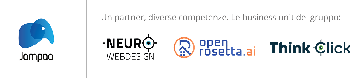 Loghi di Jampaa, NeuroWebDesign, OpenRosetta.ai e Think Click